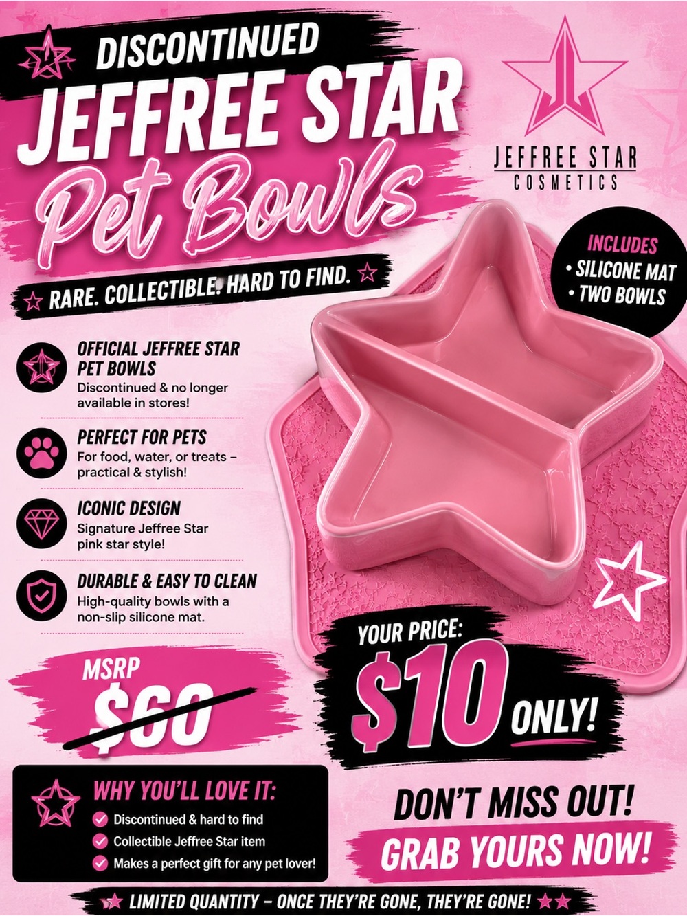 Jeffree Star Pink Star-Shaped Pet Bowl Set with Silicone Mat